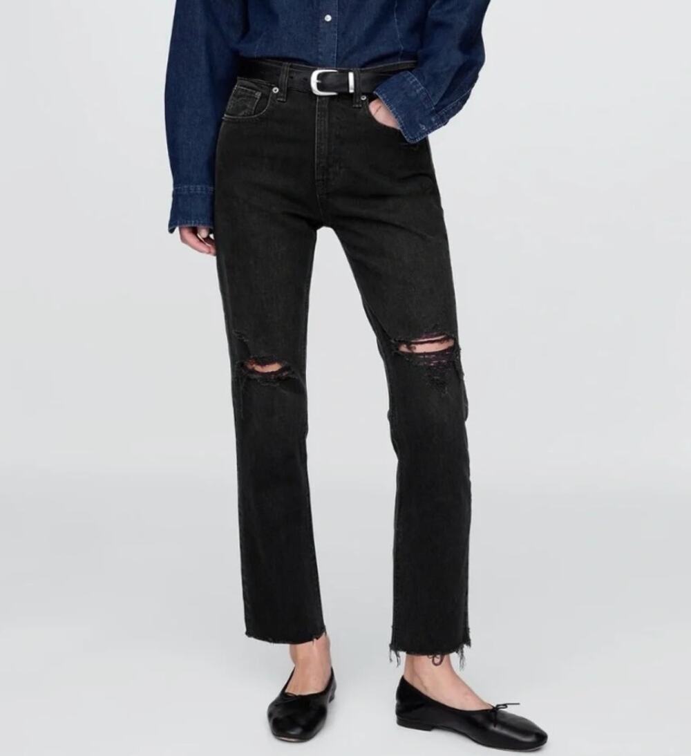 Gap Cheeky Straight High Rise Worn Destroyed Black 4